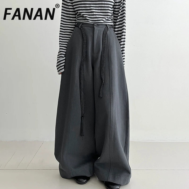 

FANAN Elegant Belt Design High Waist Pants For Women Solid Straight Trousers Office Lady Loose Clothing Fashion 2025 Autumn New
