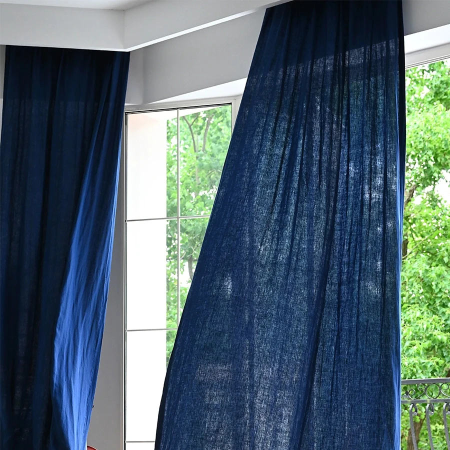 Pure Linen Modern Dark Blue 50% Blackout Curtain for Living Room Window Decoration Home Textile 1 Piece Customizable