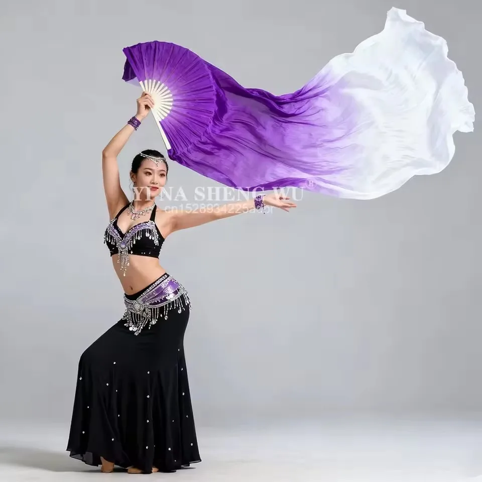 High Quality 100% Real Silk Belly Dance Fans Dance Performance Handmade 1 Pc Left+1 Pc Right Hand Gradient Colors New