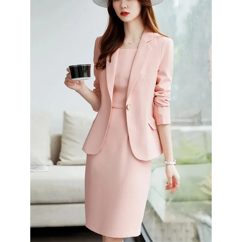 Spring Autumn Blue Beige Black Pink Ladies Skirt Suit Blazer Women Business Interview Work Wear Solid Formal Two Piece Set