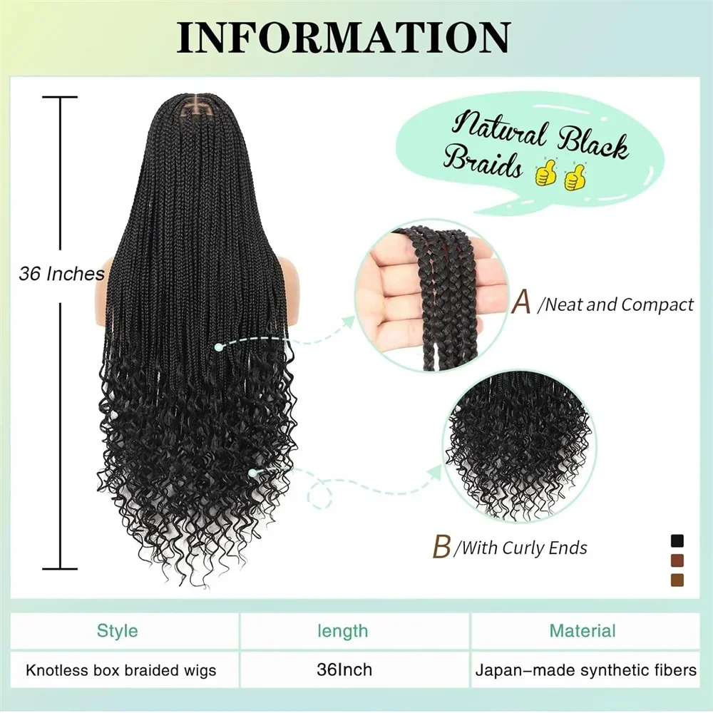 Box Braids Wig for Women, Full Lace, Synthetic, 3x Twist, Long Braids Wig for Women, Tail Curl, Transparent Lace, Baby Hair, 03/Use, 36 in