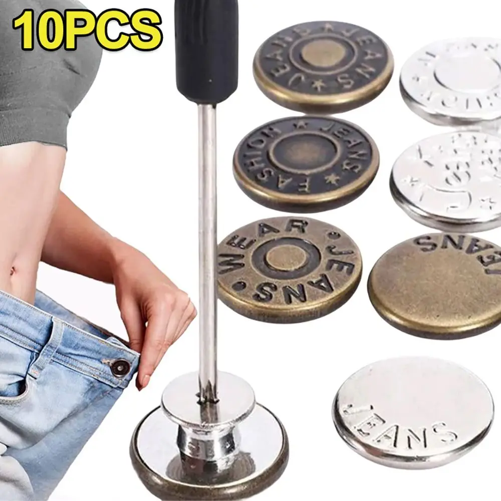 

10Pcs/pack Nail Free Jeans Buttons Sewing Accessories Clothing Pants Waist Extenders Button With Screwdriver 17mm Waist Buckle