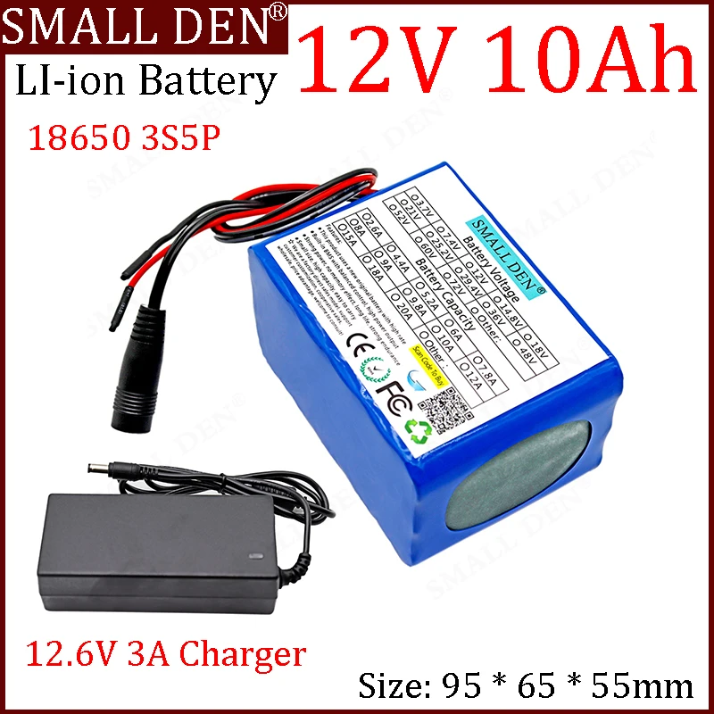 

12V 10Ah 18650 3S5P lithium ion battery pack 12V LED digital mobile power 12V 12.6v emergency power 12 backup power+3A charger