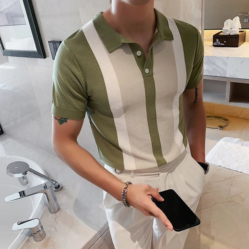 2023 Vintage POLO Shirt Men Stripe Patchwork Knitting Casual Lapel Pullover Summer Fashion Men Short Sleeve Slim POLO Shirt 3XL