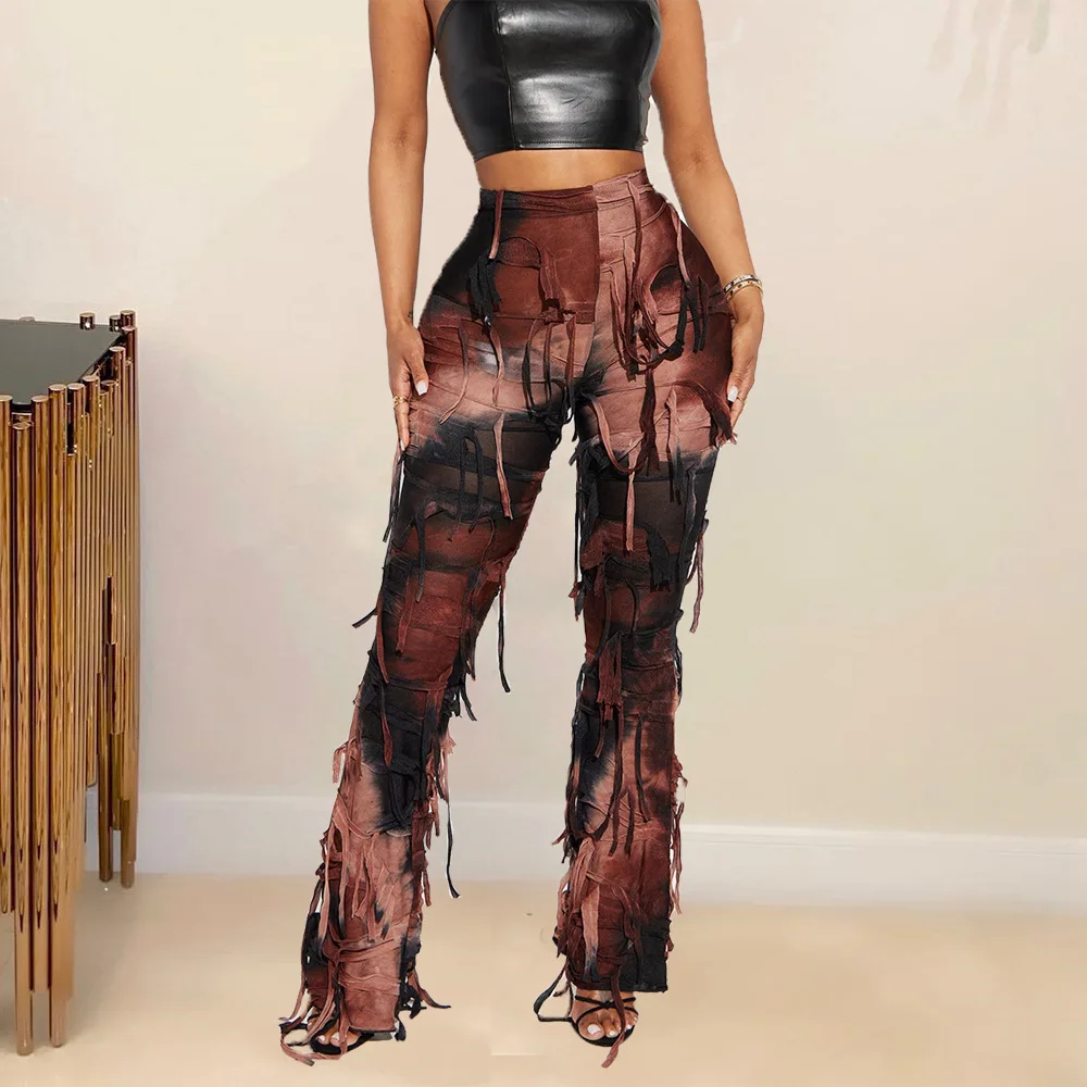 Tie Dye Fringe Pant Cargo Trousers Y2K Streetwear Fashion  Women Summer Clothes Pencil Casual Tassel Sweat Pants