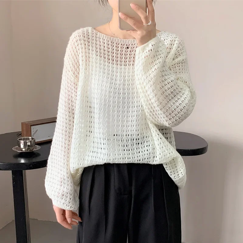 

Sweater Sexy Hollow Out Women Solid Pullovers O Neck Long Sleeve Jumpers Loose Thin Autumn Knitted Sweaters High Street 2024