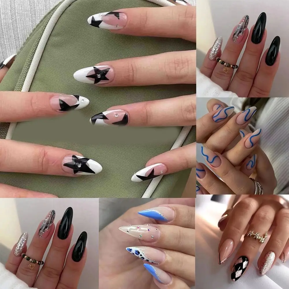 

24pcs Detachable DIY Press on Nails Star Long Almond Black Lines False Nails French