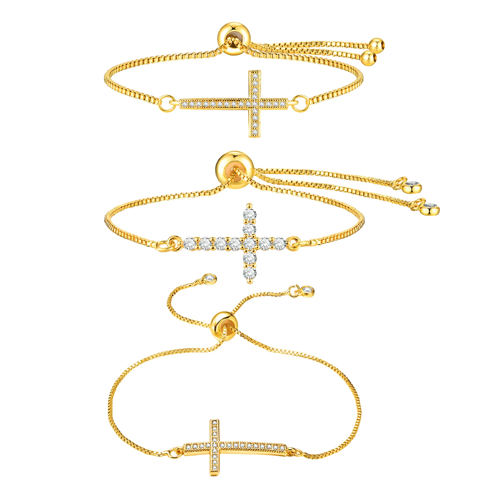 

Zircon Sideway Cross Bracelet for Women, Adjustable Copper Chain Bracelet, Christian Jewelry Baptism Gift