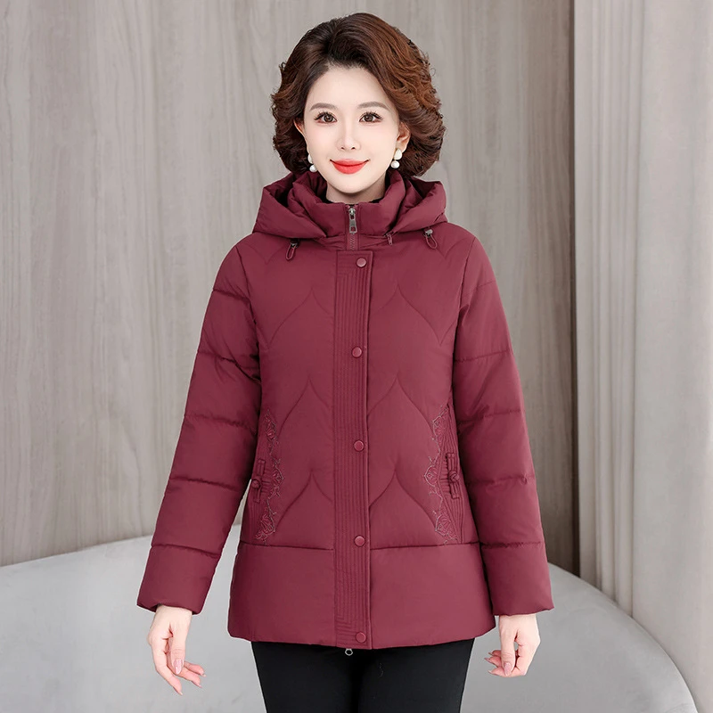 

Fashion Winter Clothes Middle-aged Elderly Embroider Down Cotton Padded Jackets Women's Coat Mother Warm Loose Hooded Outwear
