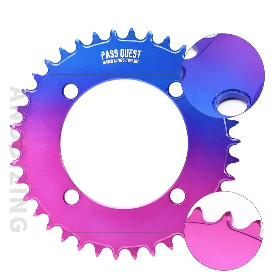 PASS QUEST-104BCD Four-jaw crank Narrow Wide Chainring Round Colorful Silver and Black 32-48T Mountain  Road Bike Chainwheel