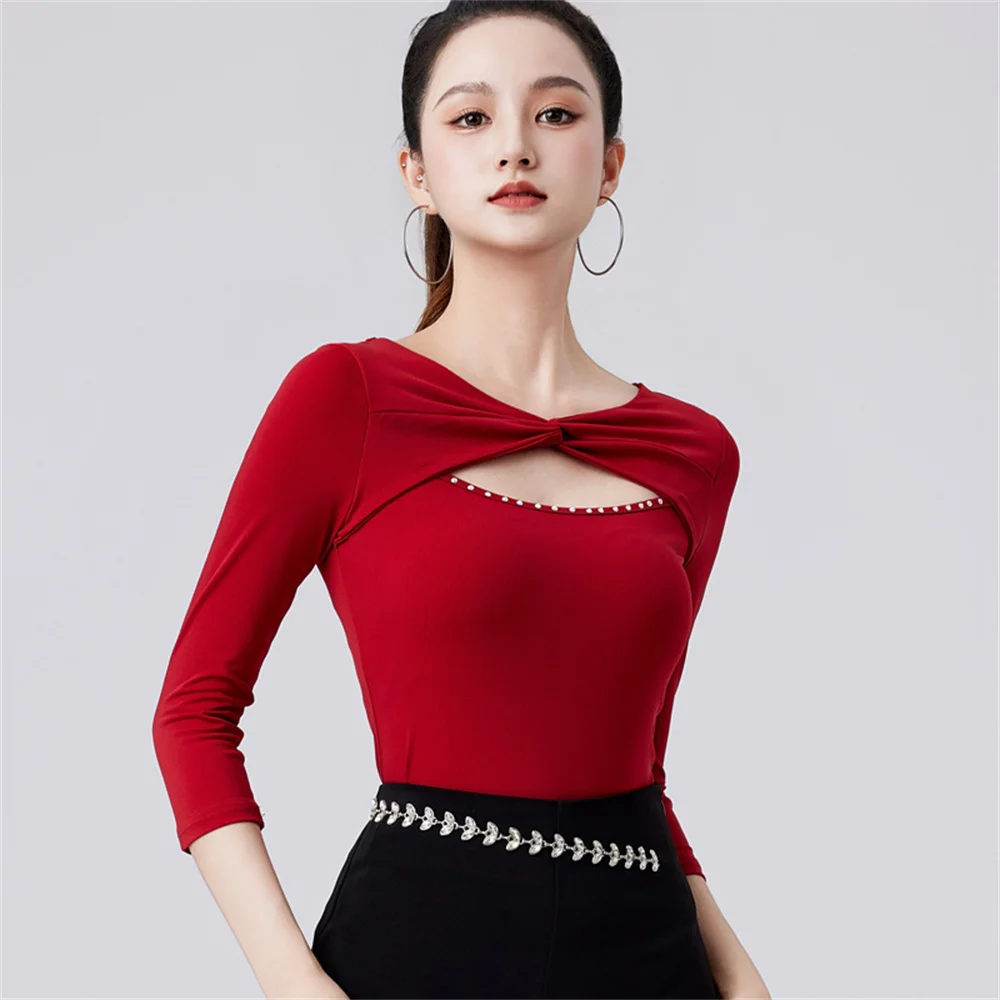 Solid Color Samba Dance Adult Tops  Modern Dance Latin Practice Girls Slim Fit Costume Women's Dance Top Competition T-shirt