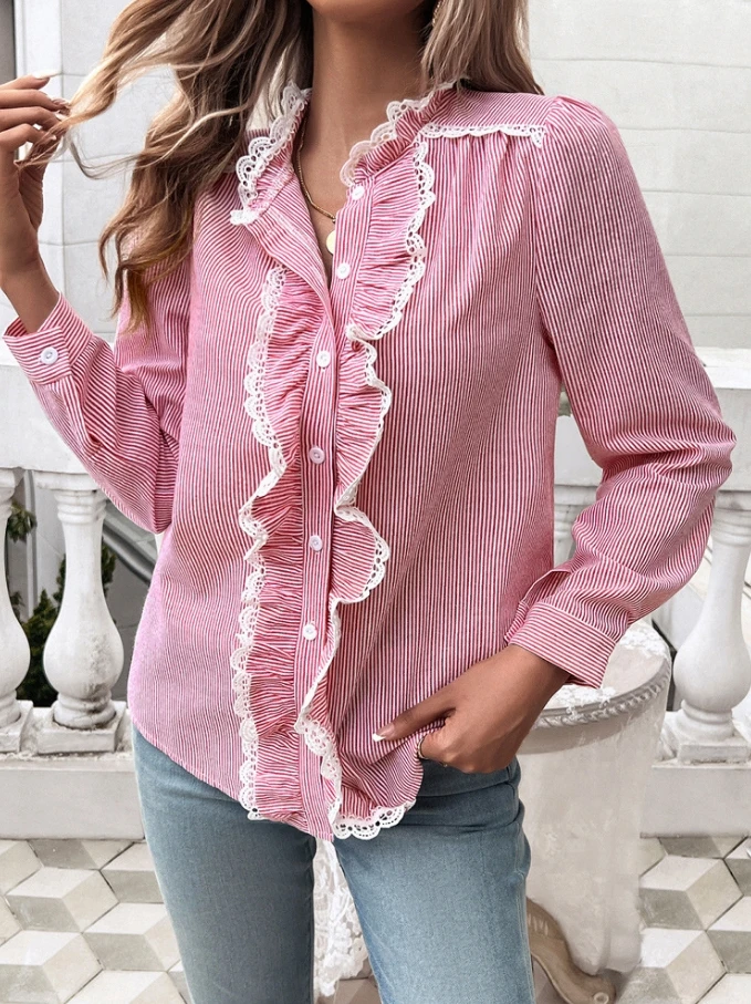 Elegant Women's Summer T-Shirt 2024 Casual Long Sleeved Solid Color Temperament Contrasting Striped Lace Fungus Edge Loose Top