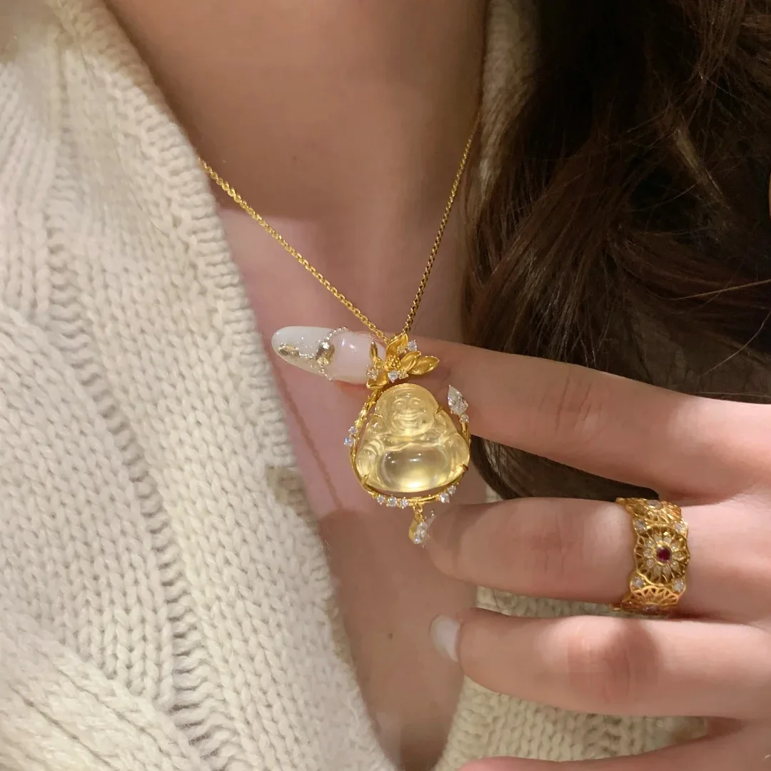 Women's Fashion Necklace 2026 Chinese Style Hand Carved Water Jade Laughing Buddha Pendant Inlaid Zircon Lotus Decor Gold Plated view 3