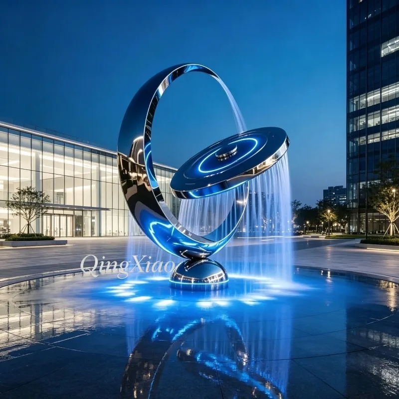 Modern Crescent Disc Overflow Water Flow Stainless Steel Sculpture Custom Polished Water Ornament Hotel Lobby Garden Landscape