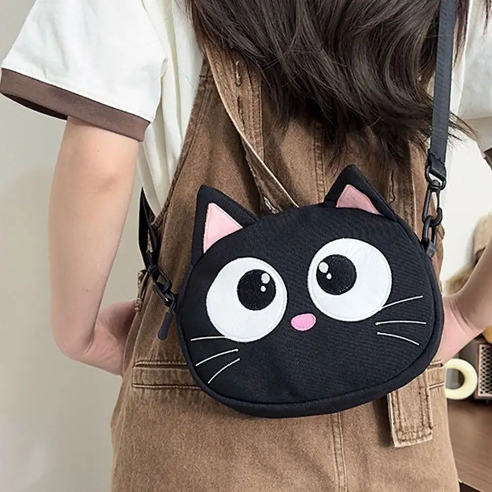 Bolso de hombro creativo para niños, Mini bolso de gato de dibujos animados de gato negro de gran capacidad, correa ajustable de lona, monederos Kawaii para senderismo