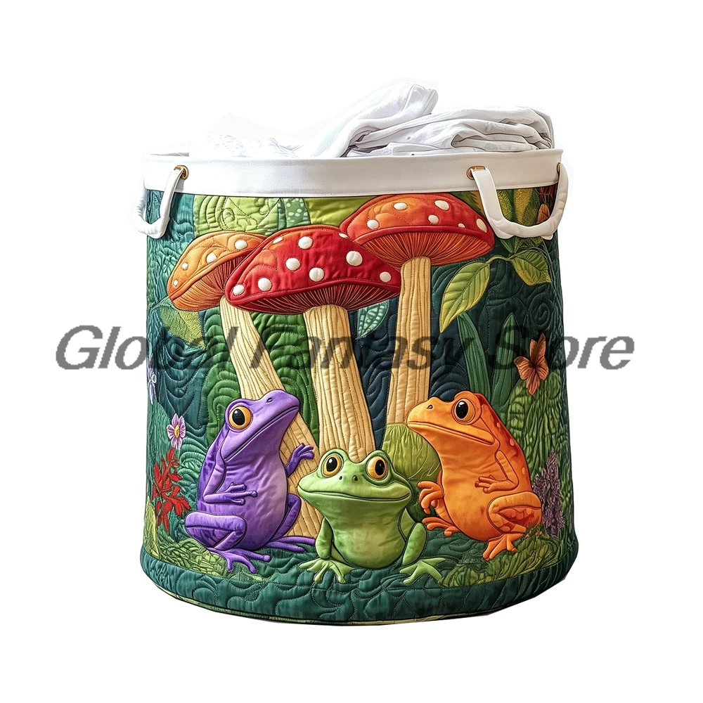 Forest Frog Mushroom Pattern Quilted Laundry Basket Clothes Foldable Storage Bin Home Organizer Hamper with Handles