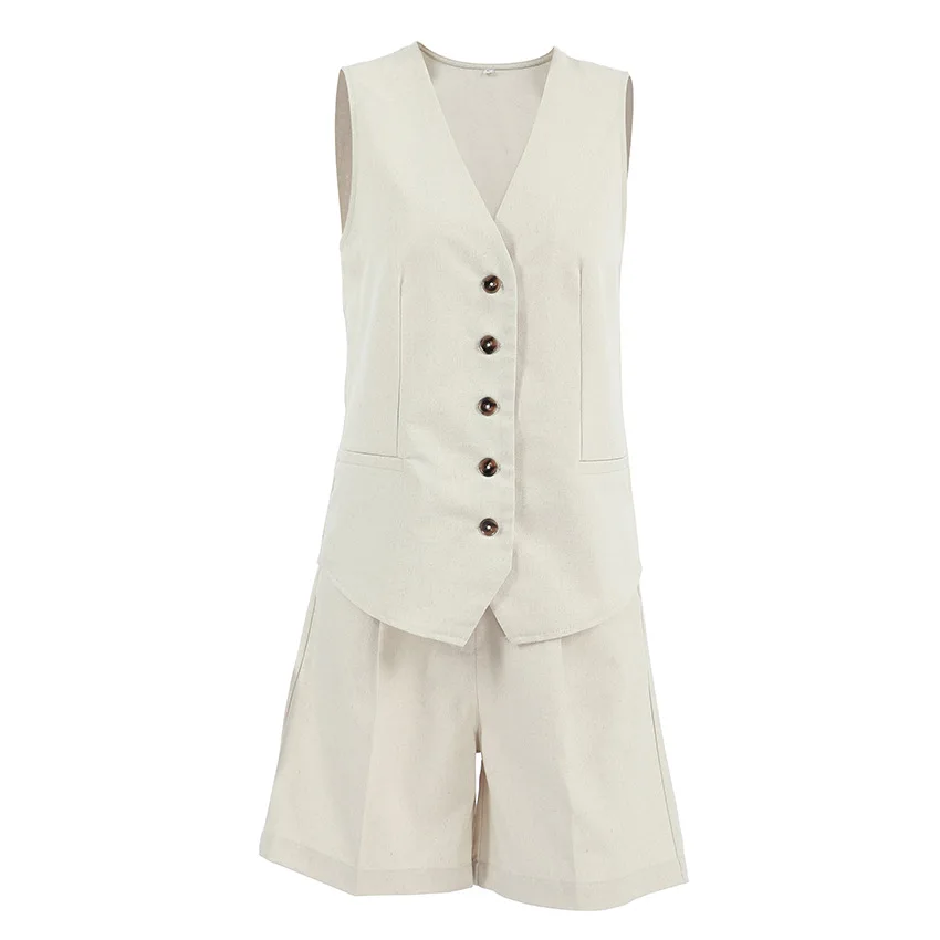 綿麻素材のスウェットベストとホットパンツのセット、通勤、オフィス、ファション、ツーピース、レディースカジュアルパンツ、Tシャツ、七分丈