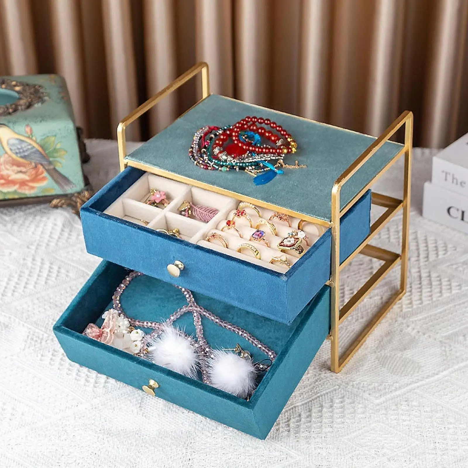 

Jewelry Storage Box with 2 Drawers for Necklace Bangle Bracelet Lipstick Brooch Stud Space Saver Elegant Metal Jewelry Organizer