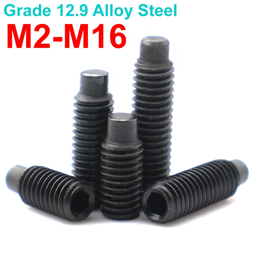 2-10pcs 12.9 Grade Alloy Steel Pointed Tip Hex Socket Set Screws Cup Point Cylinder Grub Screw M2 M2.5 M3 M4 M5 M6 M8 M10-M16