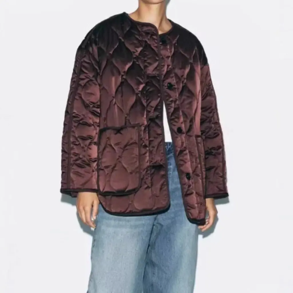 

Women's Single-Breasted Cotton Jacket Autumn Winter Loose Casual Mid-Length round Neck Silk Satin Texture Top