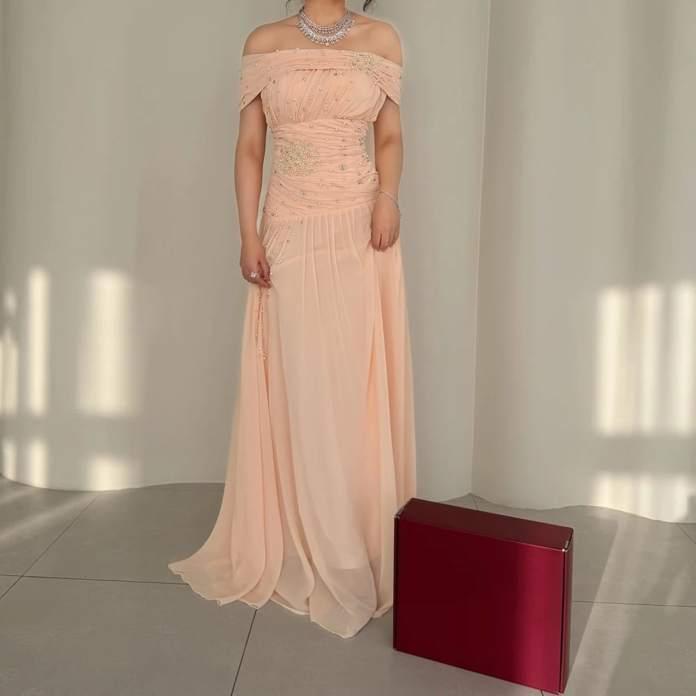 

Customized A-line Evening Dresses Floor-length Off The Shoulder Sleeveless Prom Gown Fashion Beading Pleat Draped Party Gown