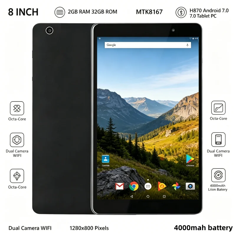 8 Inch H870 Tablet, Android 7.0 System MTK8167 Octa Core 2GB RAM 32GB ROM, 1280×800 Pixels HD Screen, Dual Camera WIFI