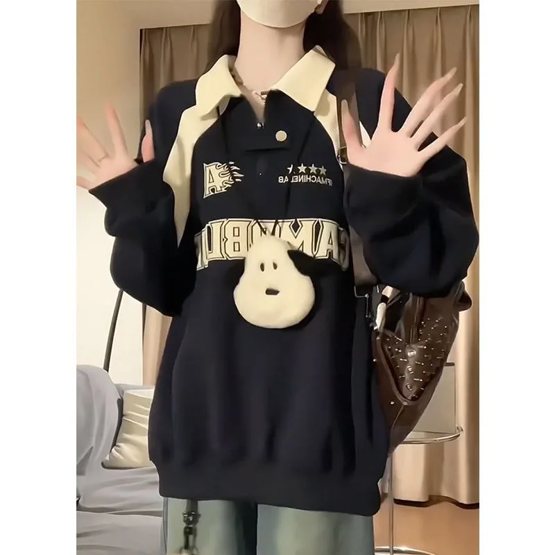 Fat Mm Plus Size Damen Modisches amerikanisches Polokragen-Sweatshirt für Herbst und Winter, lockeres und schlankmachendes Langarm-Oberteil