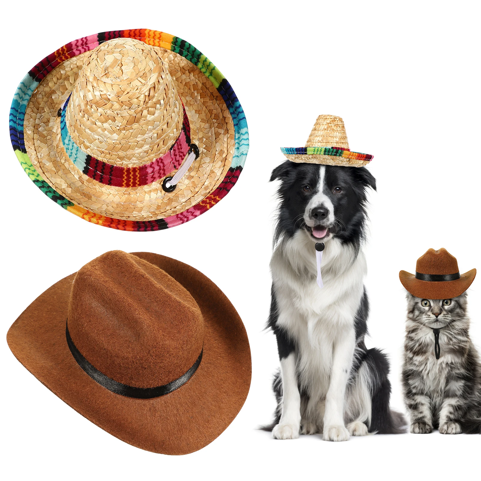 

2Pcs Pet Cowboy Hats Lightweight Comfortable Straw Hat for Dogs Cats Puppy Photo Props Adjustable Strap Hats for Dogs