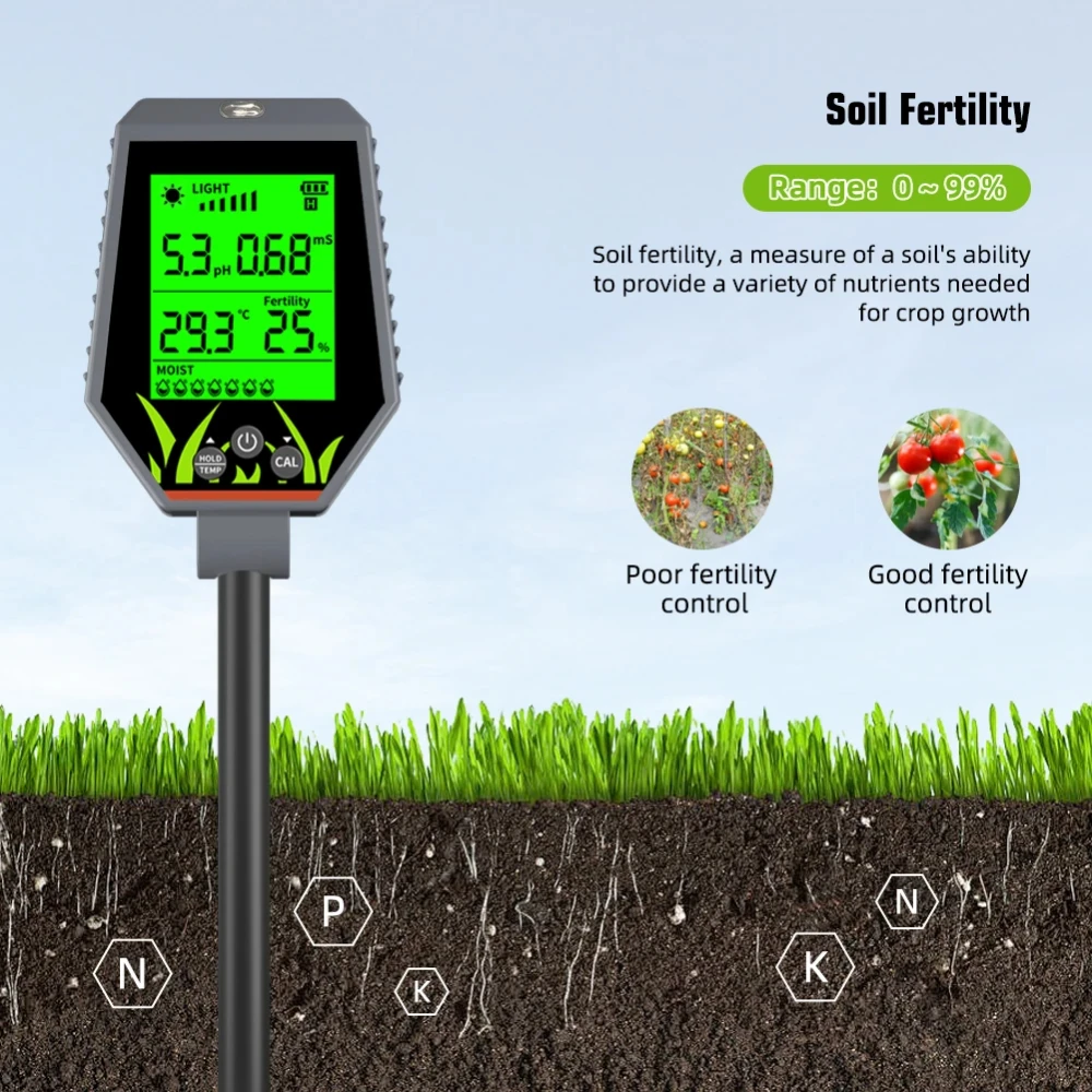 

Digital 6 in 1 Multifunctional Soil PH EC Meter Farm Garden Fertility Moisture Test Detector Sunlight Monitor for Flower Plants