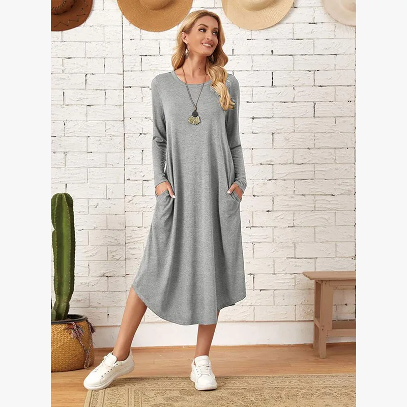 Spring Autumn Women's Solid Side Seam Straight Pocket Dress Round Neck Long Sleeve Dresses For Women