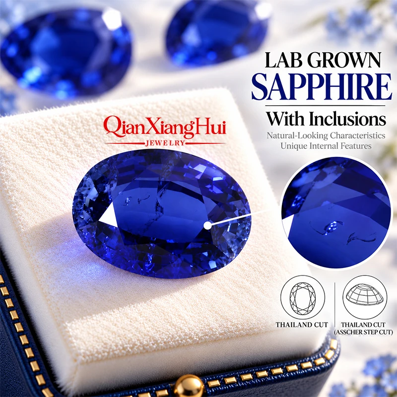 Oval Thailand cut Lab Created Sapphire Gem Stone Royal Blue/Cornflower /Light blue  Color With Cracks / Inclusions Step Cut  AGL