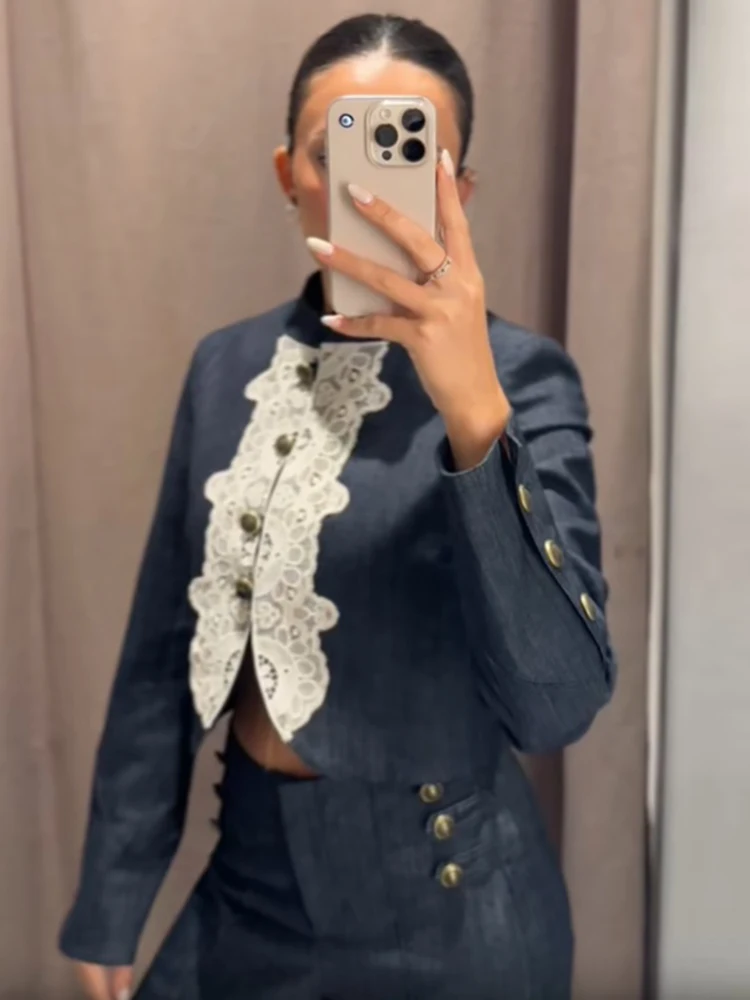 Women Stand Collar Cropped Jacket Contrast Lace Trim Placket Button Long Sleeve Slim Fit Coat Vintage Fall Daily Street Outfit