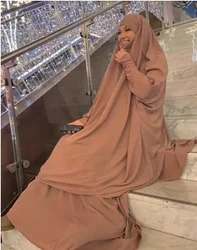 2PCS Women Eid Hooded Muslim Hijab Dress Set Prayer Garment Robes Abaya Khimar Full Cover Ramadan Gown Abayas Islamic Clothing