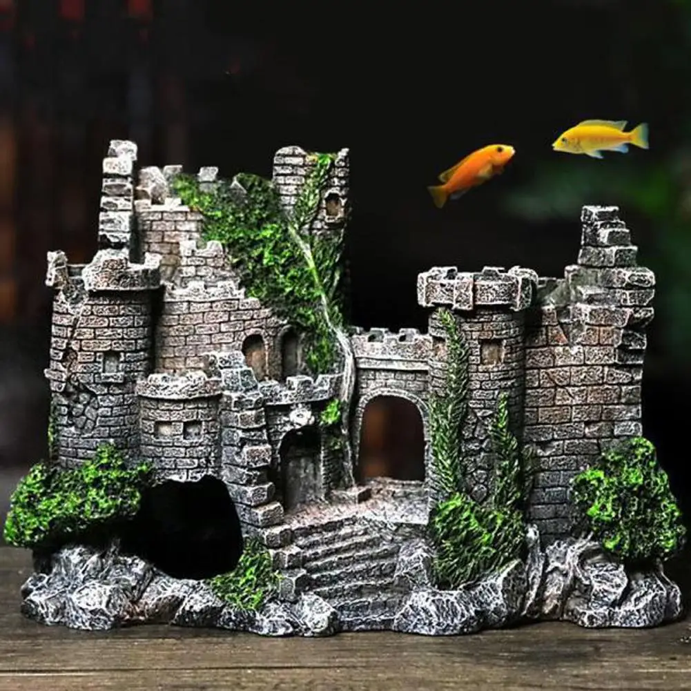 Resin Ancient Castle Artificial Ornaments Hideout Caves Layout Prop For Fish Tank Aquarium Landscaping Decor