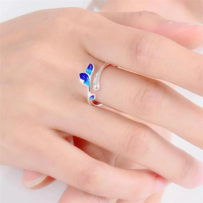 Sole Memory Blue Enamel Leaves Branches 925 Sterling Silver Fine Female Resizable Opening Rings RI952