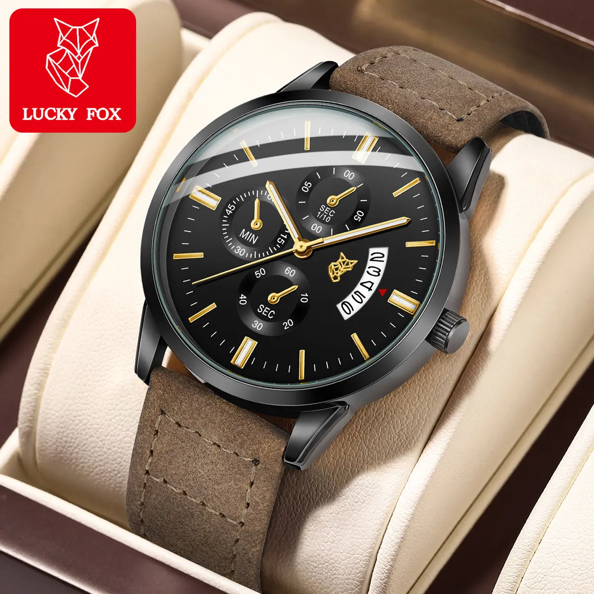 LUCKY FOX Minimalist Watch for Men - Black Leather Strap, Slim Dial, Quartz Movement, Date Display, Casual & Dress Wristwatch
