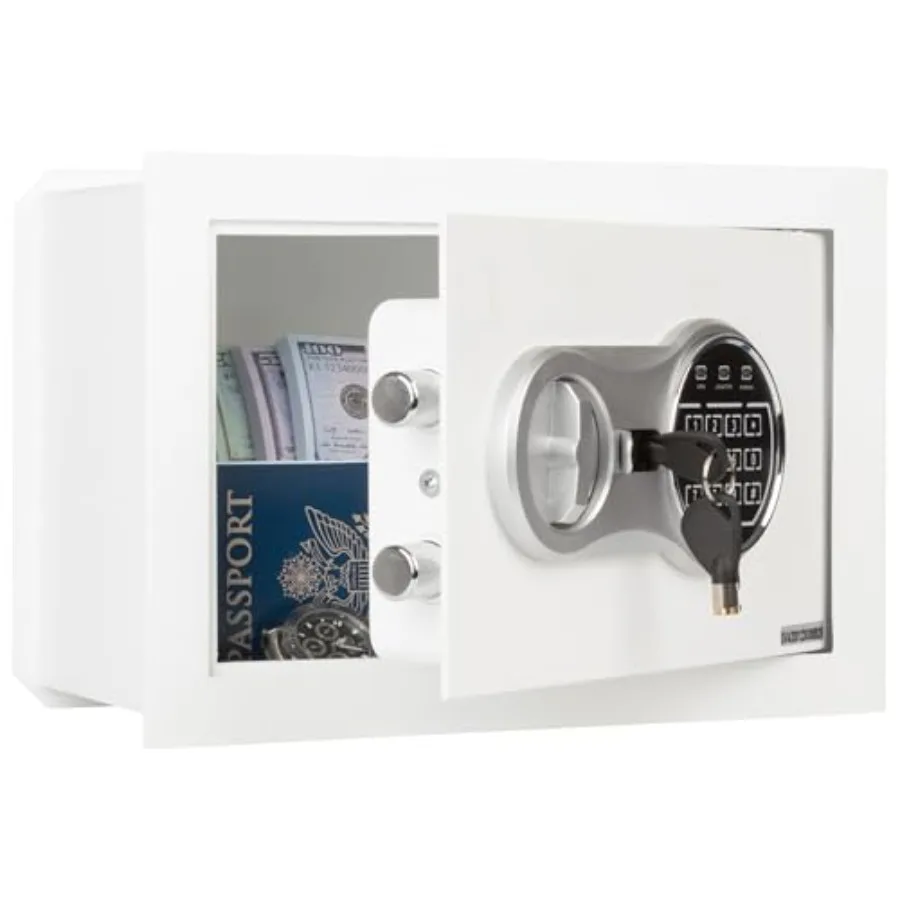 

Wall Safe - Digital Safety Box for Cash or Jewelry Storage, White Steel, Quick Access with Passcode and Backup Key