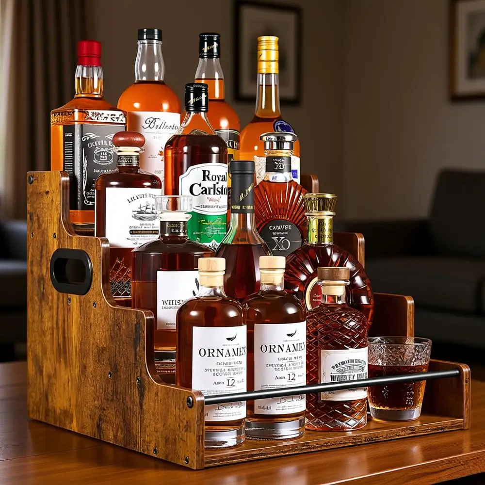 

4-ярусная деревянная полка для демонстрации крепких напитков и виски с органайзером для спиртных напитков и мини-баром