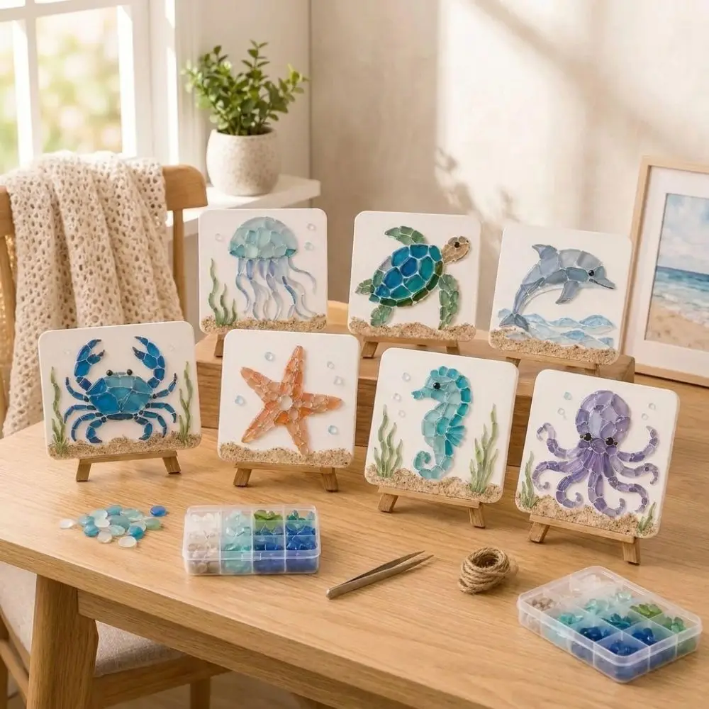Colorful Glass Pieces Ocean DIY Sea Glass Art Kit Sea Creature Ocean Inspired Animal Shaped Crushed Glass Art Fun Educational