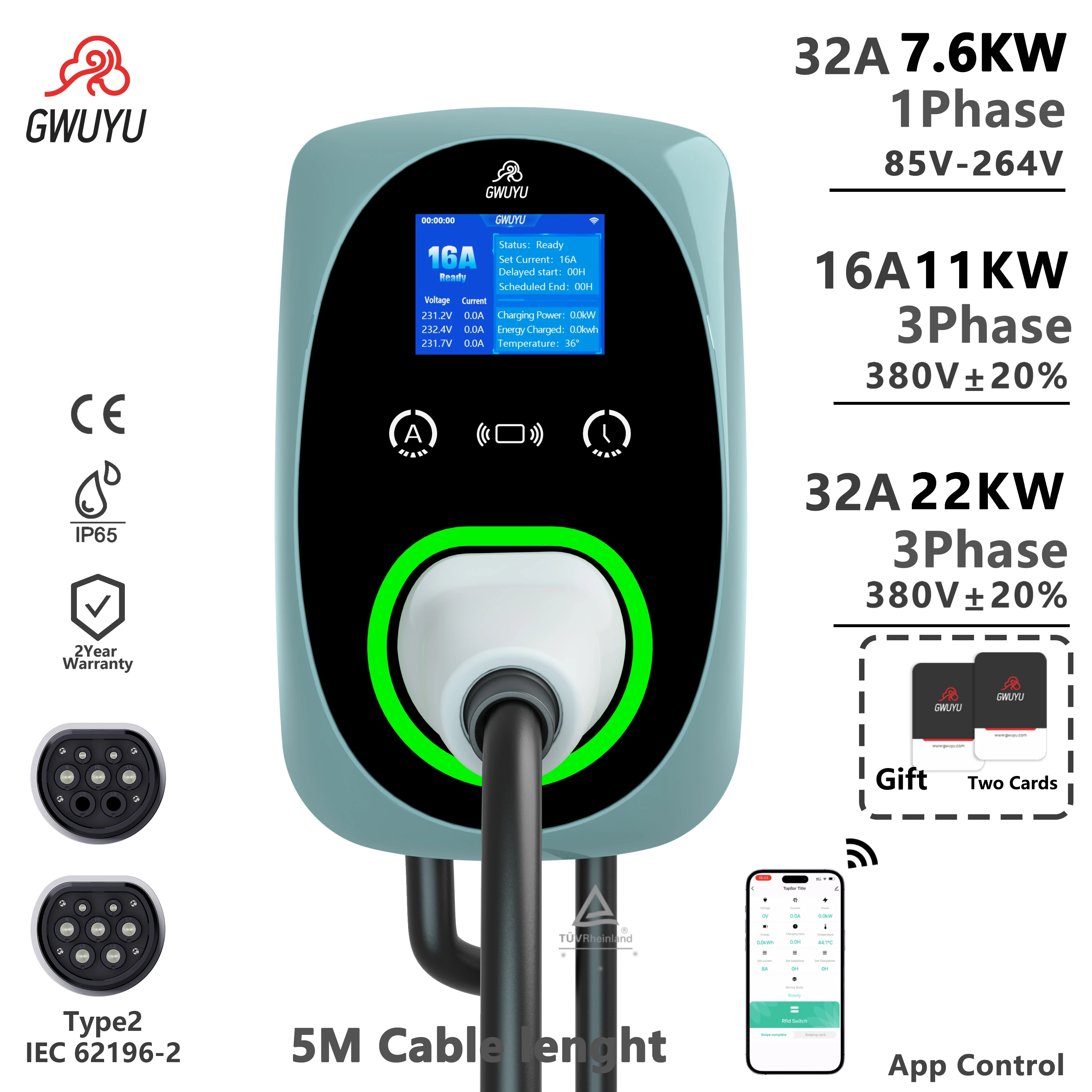 

GWUYU Новая модель настенной зарядной станции для электромобилей 7.6KW 11KW 22KW Type2 с кабелем 5 м и управлением через приложение для зарядки электромобилей