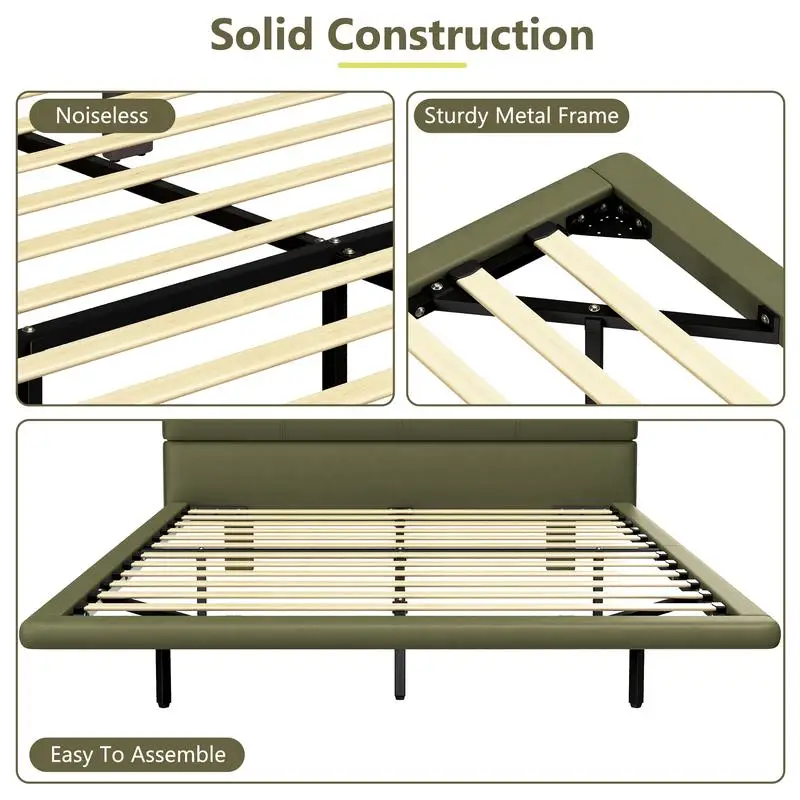 إطار سرير عائم مع ضوء LED، سرير حديث من جلد البولي يوريثان، لا حاجة إلى صندوق زنبركي، سهل التجميع، مقاس كوين، أنيق #4