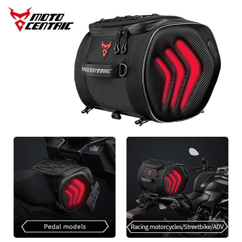 

MOTOCENTRIC Red LED Light Motorcycle Helmet Tail Bag Waterproof Motorcyclist Rear Seat Bag Large Capacity Motorbike Luggage Bag