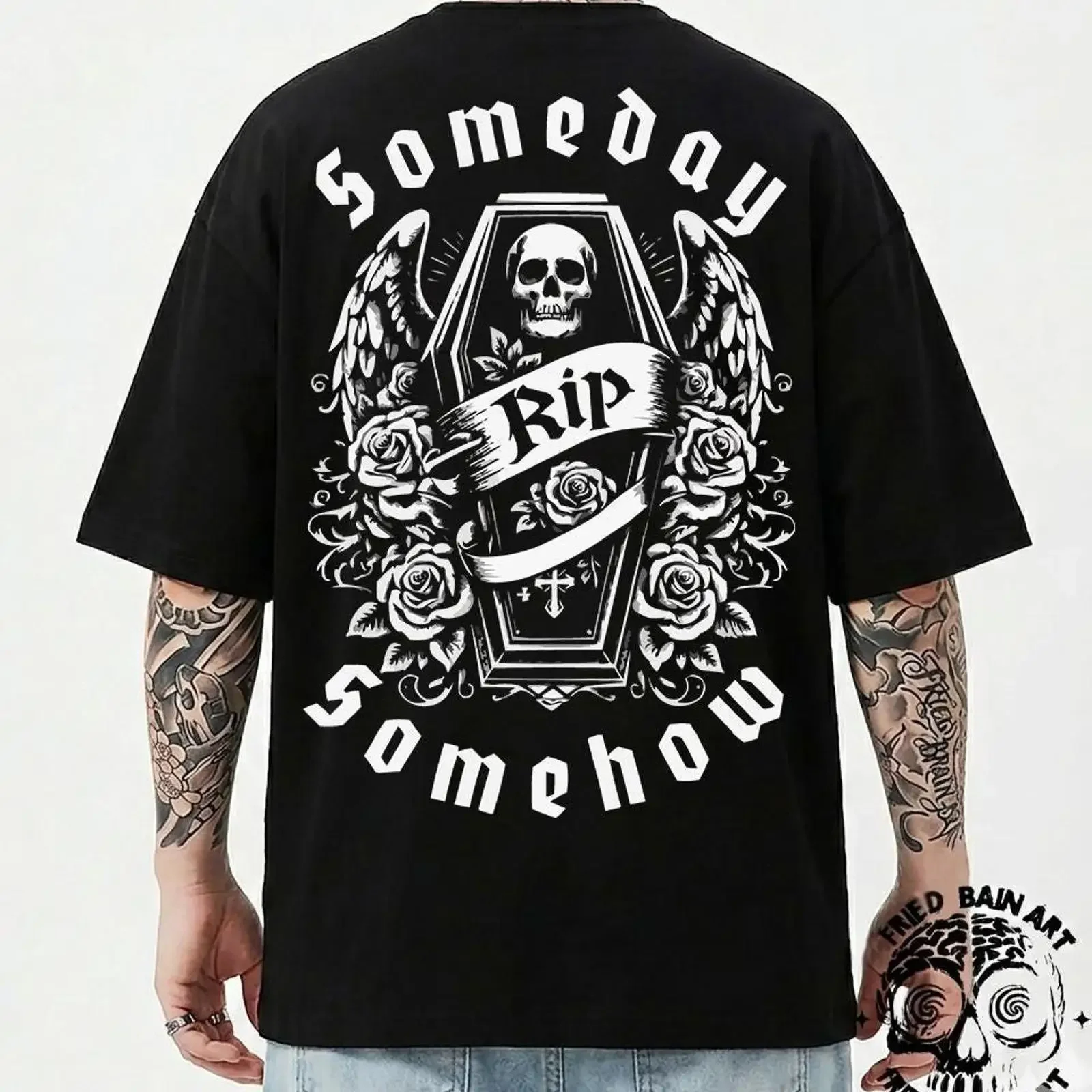 Someday Somehow RIP Skull Coffin Roses T Shirt Gothic Floral Print vintage Washed Soft fashion Stretched designer clothes
