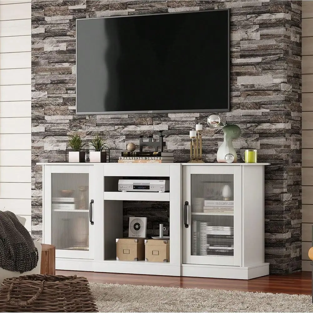 

Stand For 65Inch TV, Retro TV Console Cabinet With Storage And Open Shelves, Entertainment Center For Living Room, Bedroom, Whi