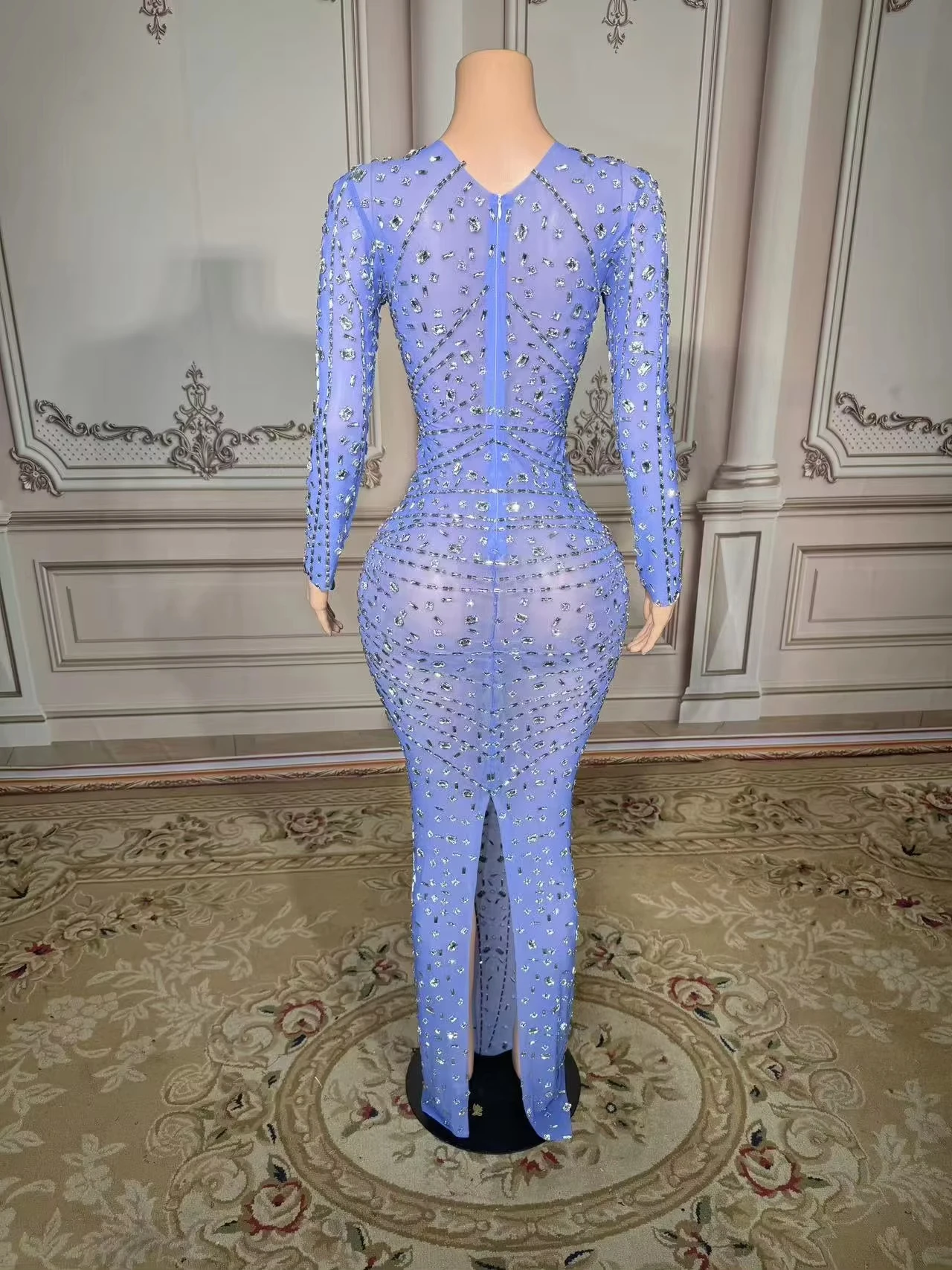 ZD เซ็กซี่ชุดสีฟ้าเวที Bling Silver Rhinestones วันเกิดฉลองเต้นรํายืดคริสตัลชุดพรหมนักร้องเต้นรําคอลเลกชัน