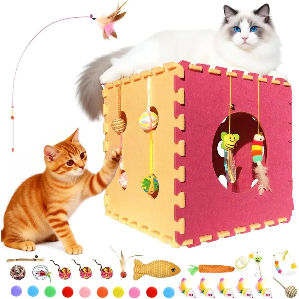 

30-Piece Interactive Cat Toy Set with Puzzle Cube, Cooling Mat, Wands, Balls, and Catnip for Indoor Cats