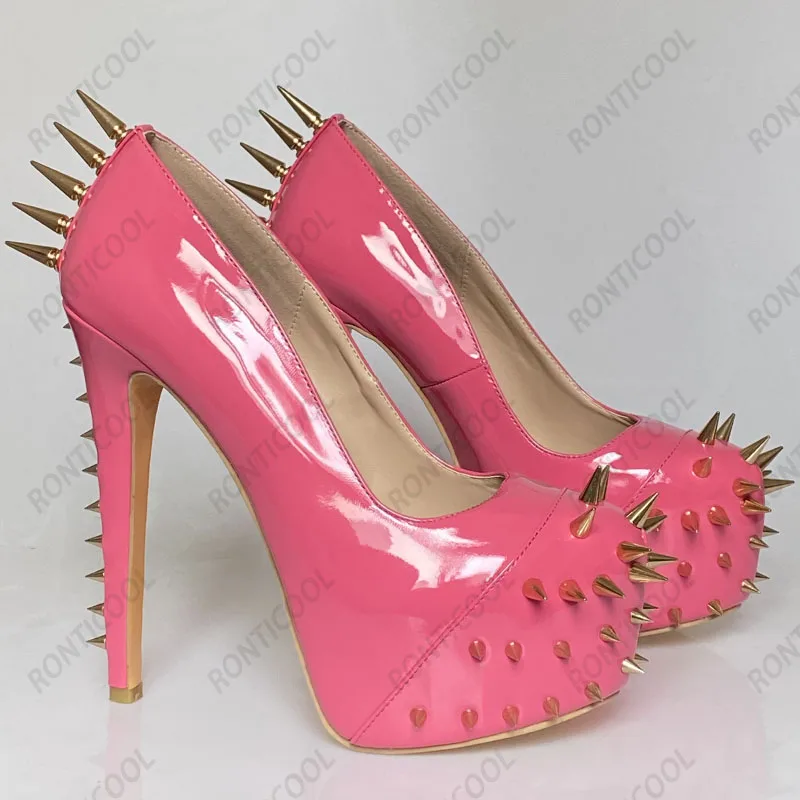 Ronticool Women Cosplay Pumps Studded Sexy Stiletto Heels Round Toe Pink Fuchsia Black Night Club Shoes Women US Plus Size 5-13