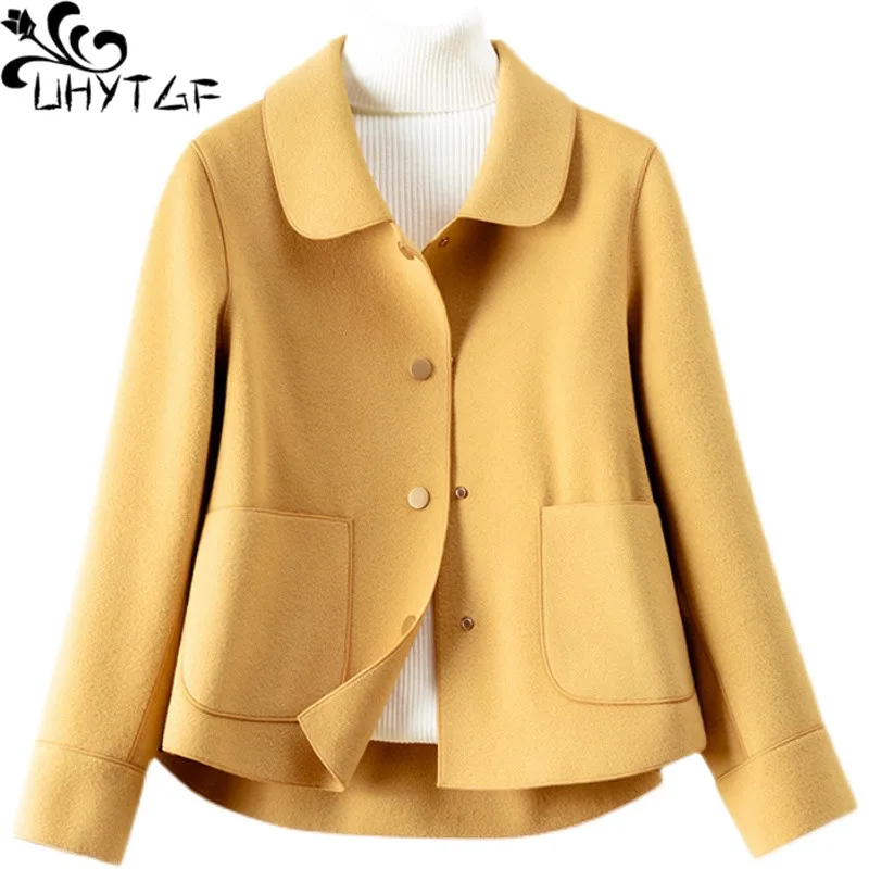 UHYTGF Quality Double-Sided Wool Coat Women Single-Breasted Spring Autumn Jacket Female Korean Short Big Size Thin Overcoat 2115