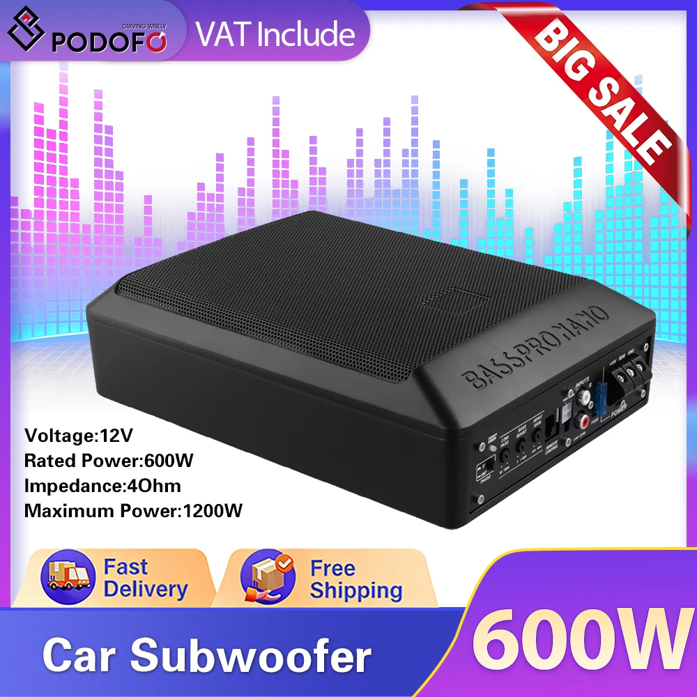 Podofo 600W Subwoofer Actif Mince pour Voiture, Amplificateur de Basses Super Puissant pour Voiture 12V et Camion, à Installer Sous le Siège