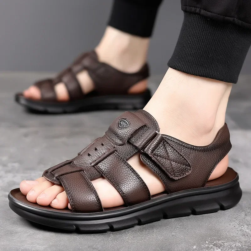 2024Men's Sandals Luxury Genuine Leather Sandal Outdoor Casual Sandals Non Slip Beach Shoes for Men Driving Sandalias Big Size47